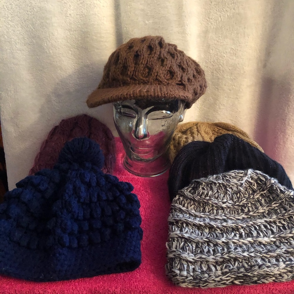 Six gently used knit/winter hats.
